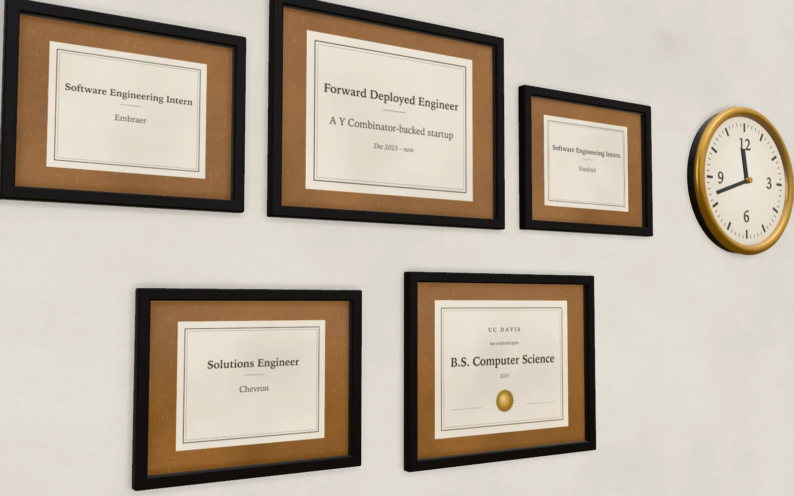 The career wall in Alex’s room by day: the same five entries in frames, under a picture light, beside the clock.