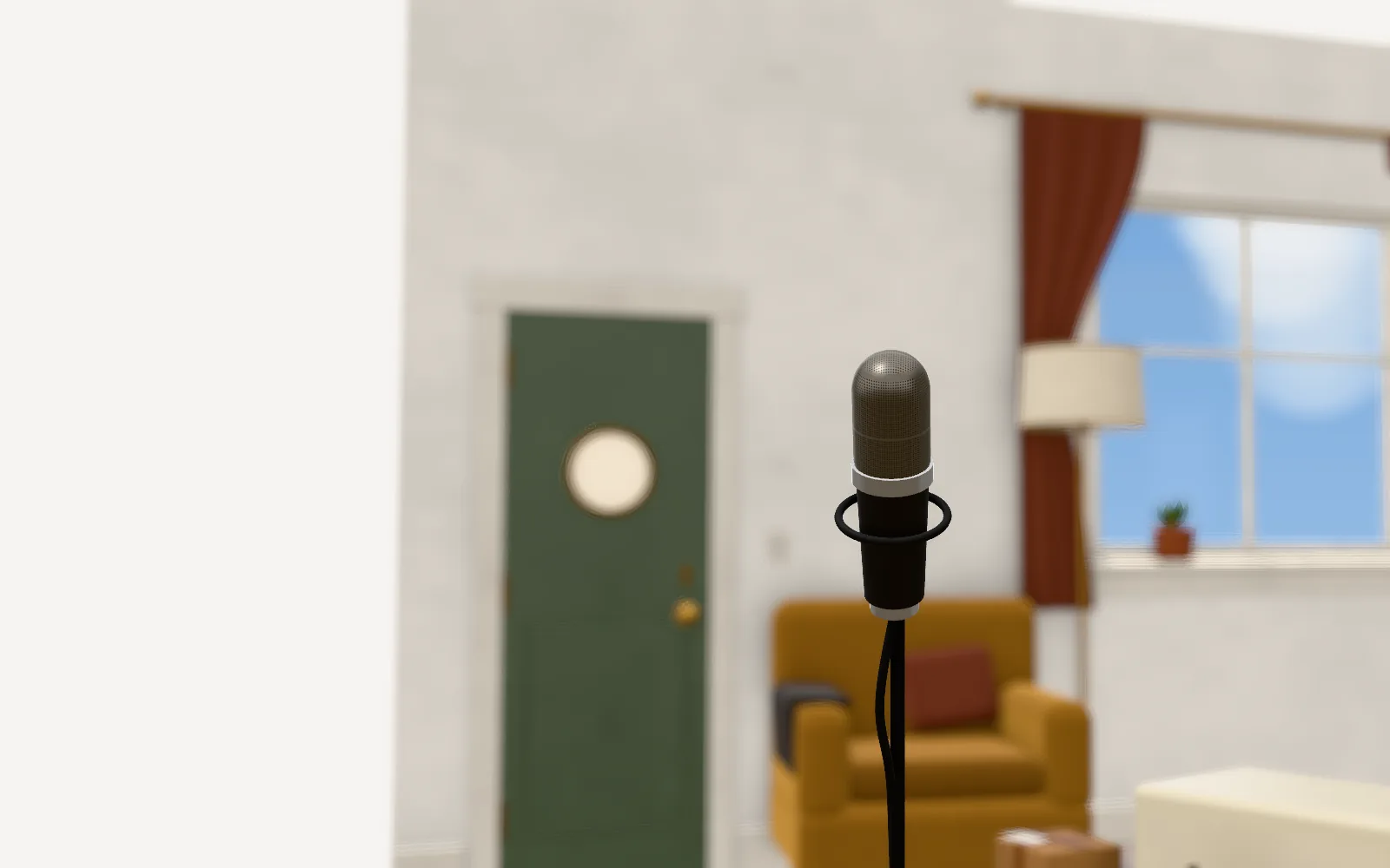 A broadcast microphone in the foreground, with the sunlit room soft behind it.
