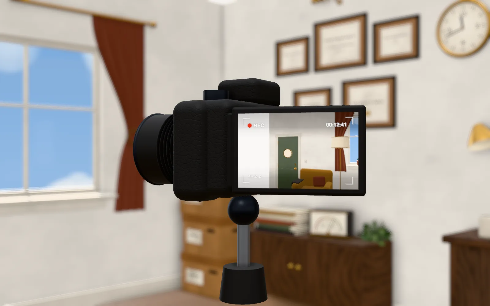 A camera on a tripod, its flip screen showing a live view of the armchair.
