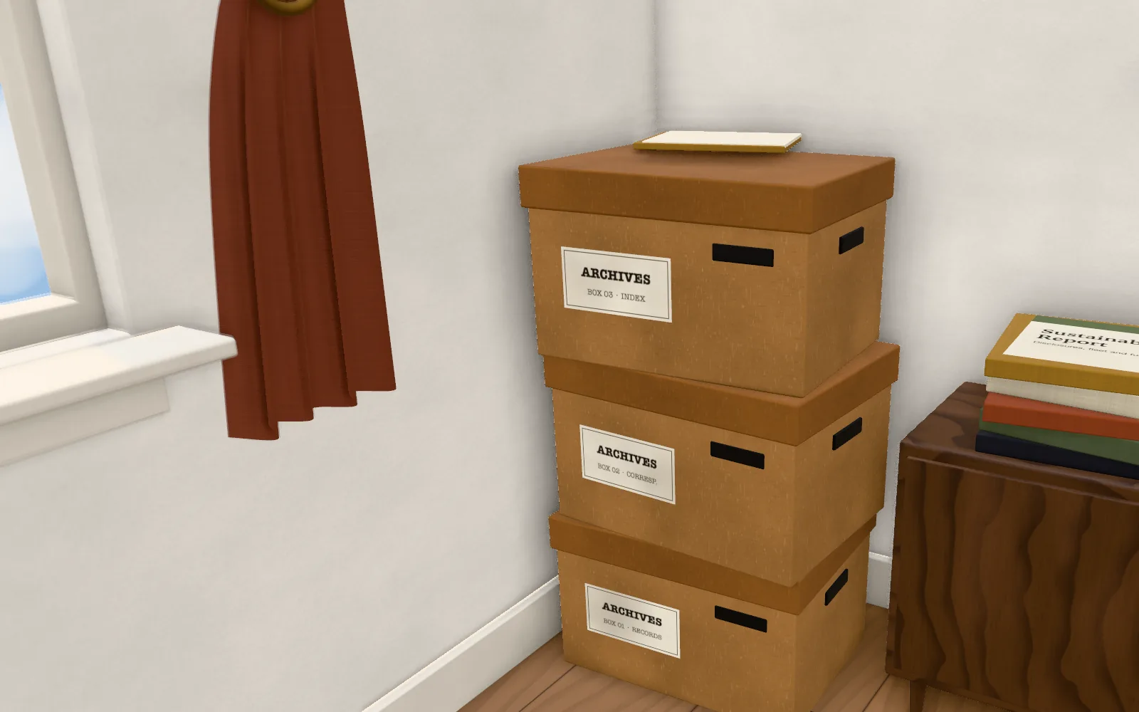 Three archive boxes stacked in the corner under a wall sconce.